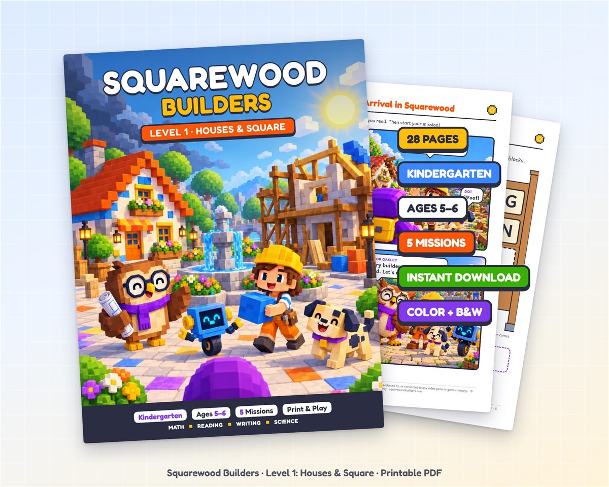 Squarewood Builders Level 1 cover with sample comic and activity pages