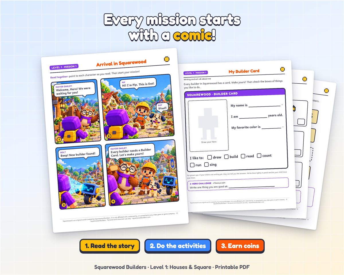 Mission 1 comic next to the Builder Card activity