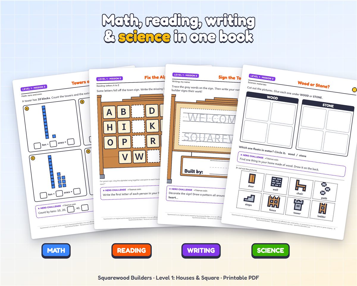 Activity pages for math, reading, writing and science